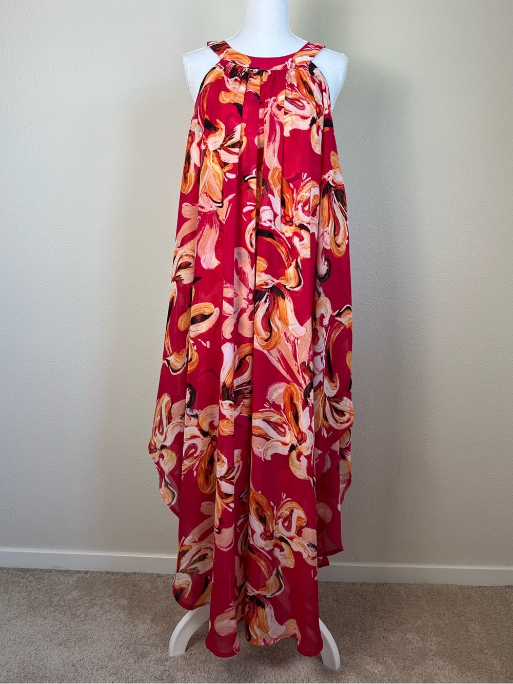 Avenue Plus Size 26/28 Asymmetrical Overlay Maxi Dress Pink Abstract Artsy 5X